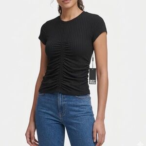 DKNY Black Gathered Short Sleeve Top- size XS